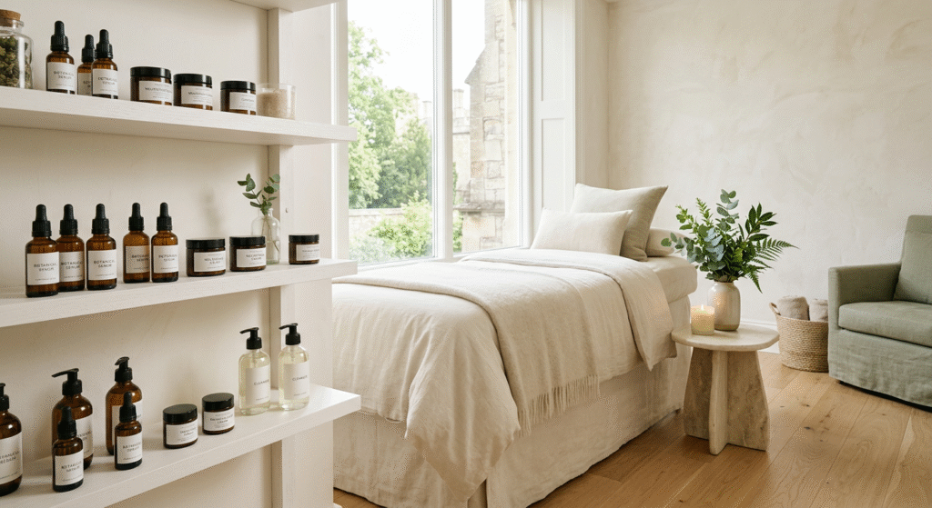 Bright and calm aesthetic clinic interior with treatment couch and modern minimalist decor in Windsor